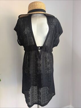 Black Crochet V-Neck Swim Coverup with Cinched Waist